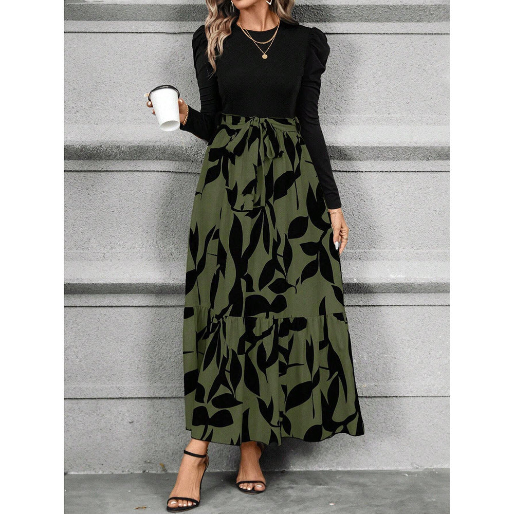 Women's Floral Tiered Maxi Dress Long Sleeve Belted Casual
