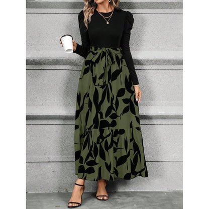 Women's Floral Tiered Maxi Dress Long Sleeve Belted Casual