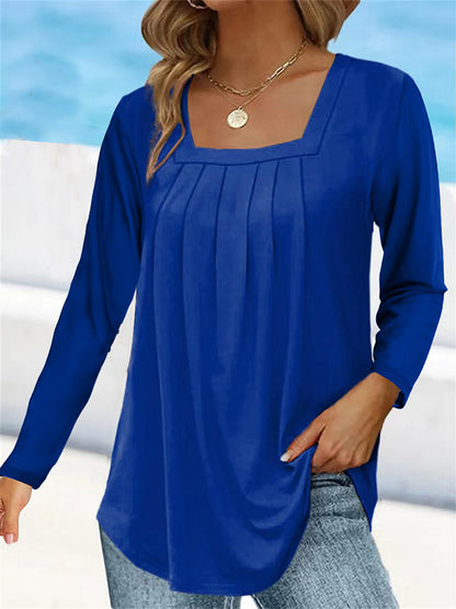 Women's Square Neck Pleated Long Sleeve Tunic Top