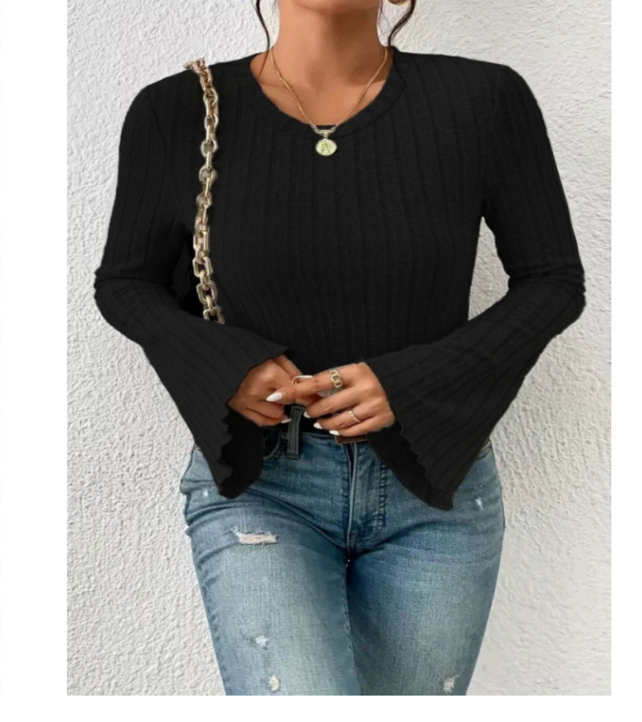 Women Ribbed Bell Sleeve Crop Top Long Sleeve