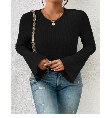 Women Ribbed Bell Sleeve Crop Top Long Sleeve