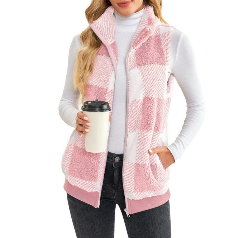 Womens Buffalo Plaid Sherpa Vest Zip Up Fleece Stand Collar