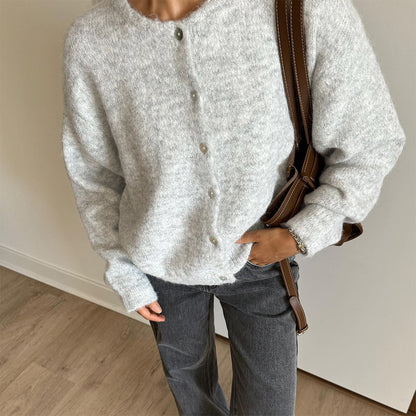 Oversized Fuzzy Button Up Crew Neck Cardigan Sweater