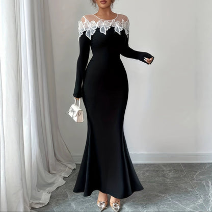 Black Butterfly Mesh Long Sleeve Mermaid Maxi Dress