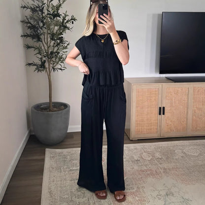 Summer Women’s Two-Piece Smocked Top with Wide-Leg Pants Casual Set