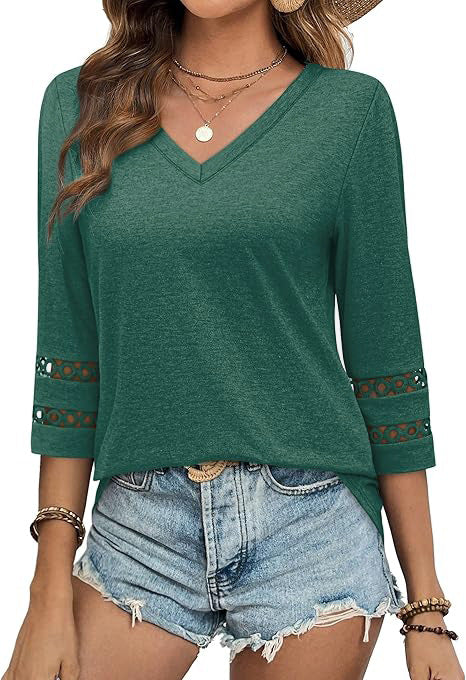White V-Neck Lace Sleeve Casual Knit Top for Women