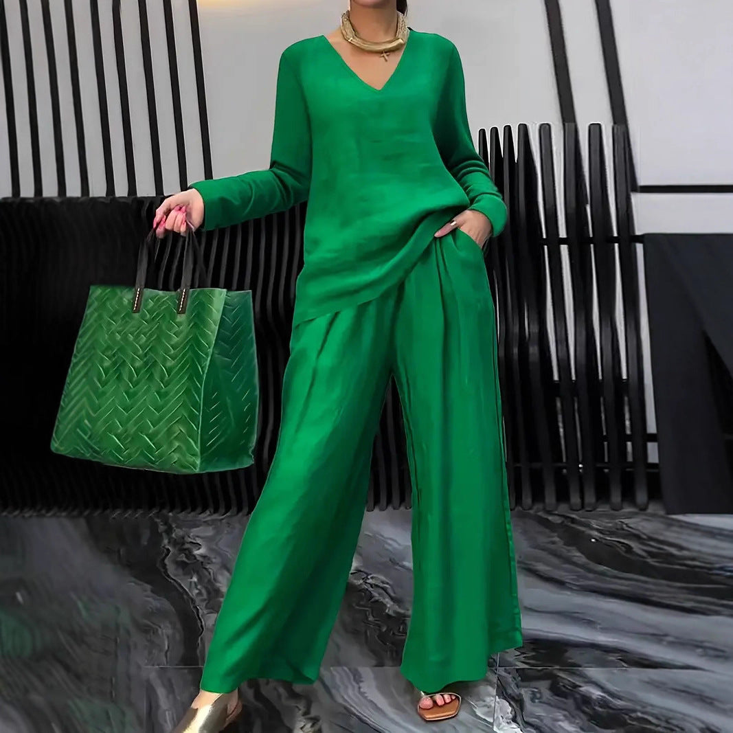 Women's Casual V Neck Wide Leg Pants Matching Set Plus Size