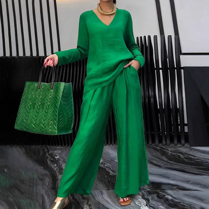 Women's Casual V Neck Wide Leg Pants Matching Set Plus Size