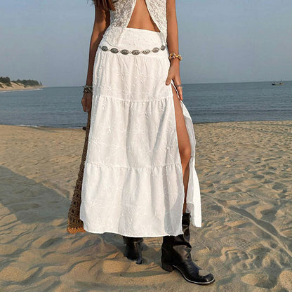 White Boho Maxi Skirt High Slit Embroidered Flowy Summer Vacation