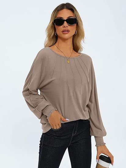 Women's Pleated Crewneck Balloon Sleeve Oversized Top