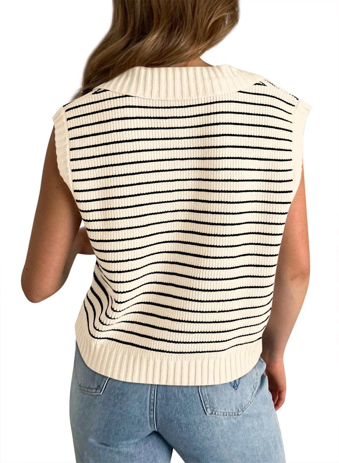 V-Neck Striped Knit Sweater, Casual Lapel Top