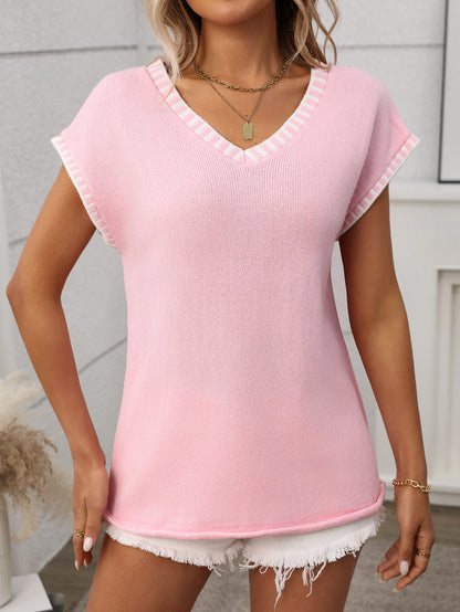 Striped V Neck Knit Top Short Sleeve Casual Sweater