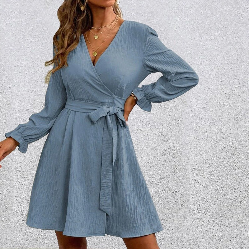 Women's Wrap V-Neck Long Sleeve Tie Waist Dress