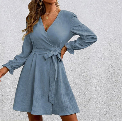 Women's Wrap V-Neck Long Sleeve Tie Waist Dress