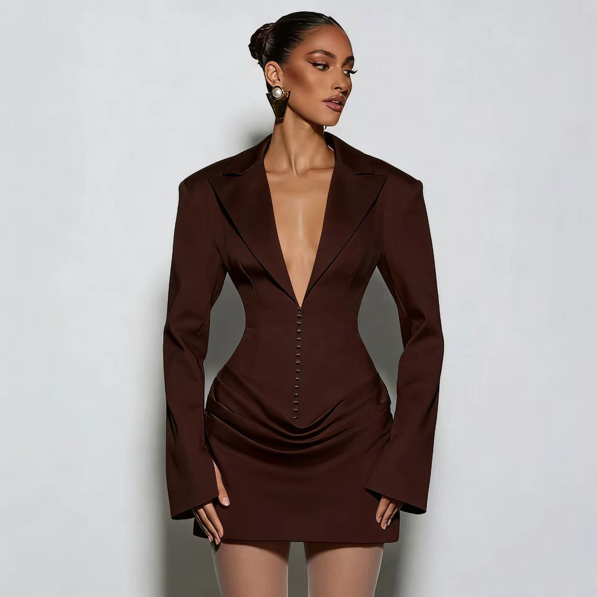 Sexy Plunge V Neck Blazer Dress Long Sleeve Ruched Mini