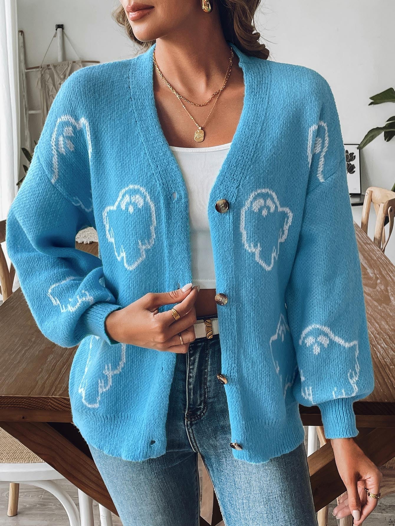 Halloween Ghost Print V-Neck Cardigan | Cozy Knit Sweater