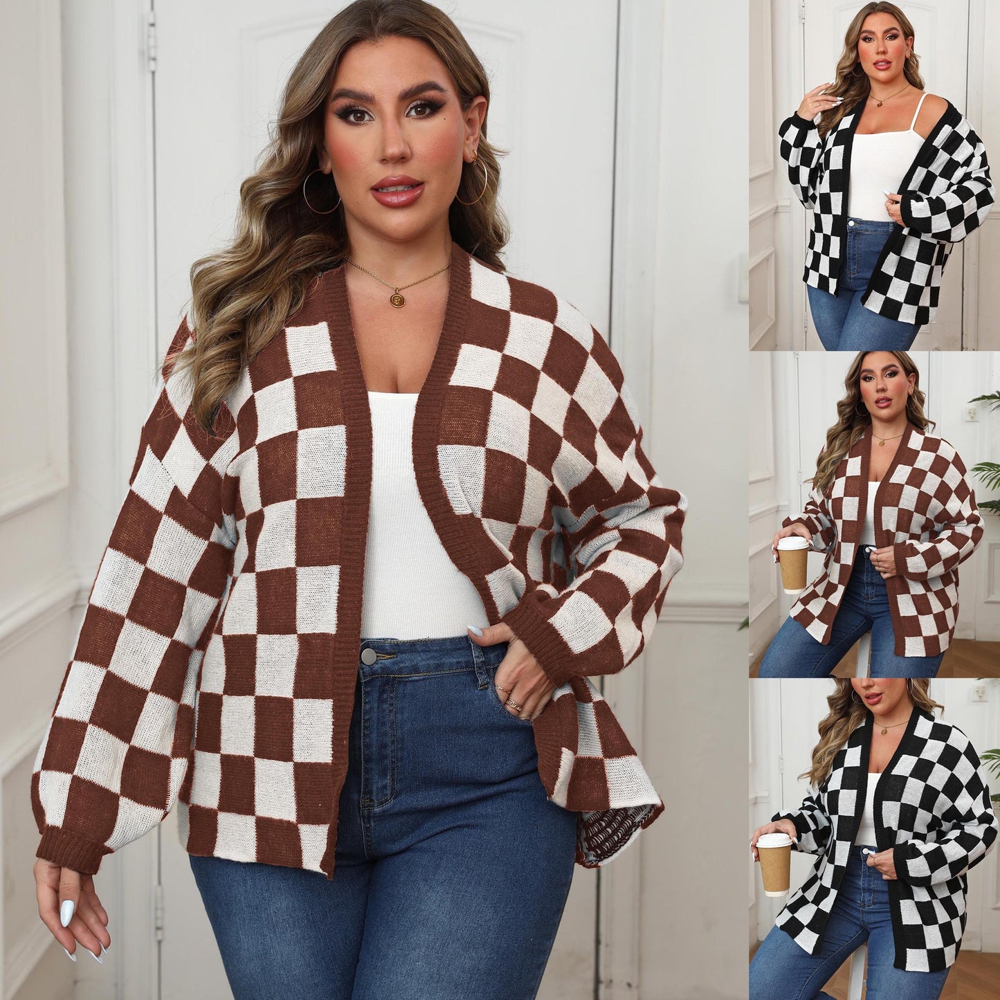 Women's Clothing Contrasting Color Splicing Checkerboard Loose Casual Cardigan Jacket