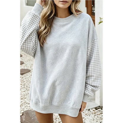 Gingham Sleeve Oversized Crewneck Sweatshirt