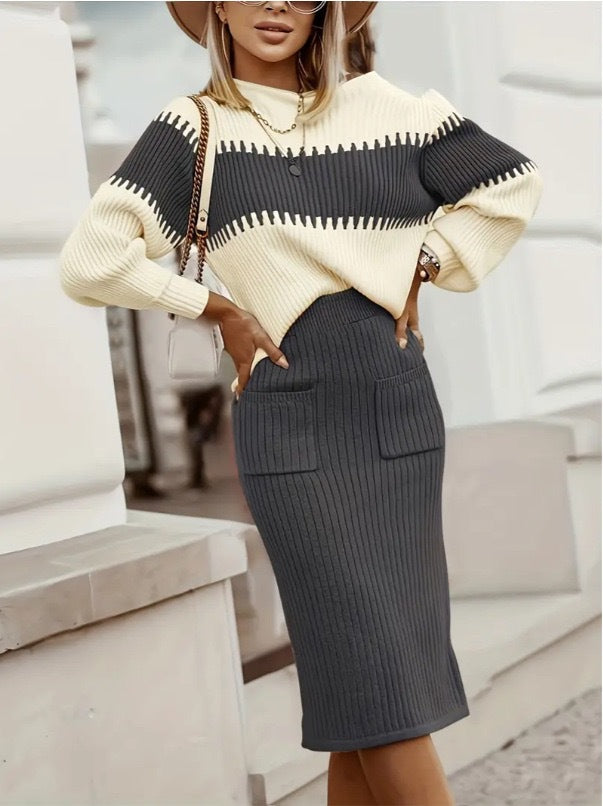 Women's Striped Sweater & Skirt Two Piece Knit Set