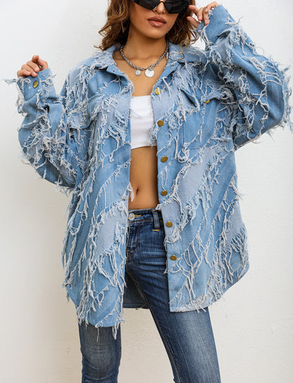 Women's Oversized Fringe Distressed Denim Jacket