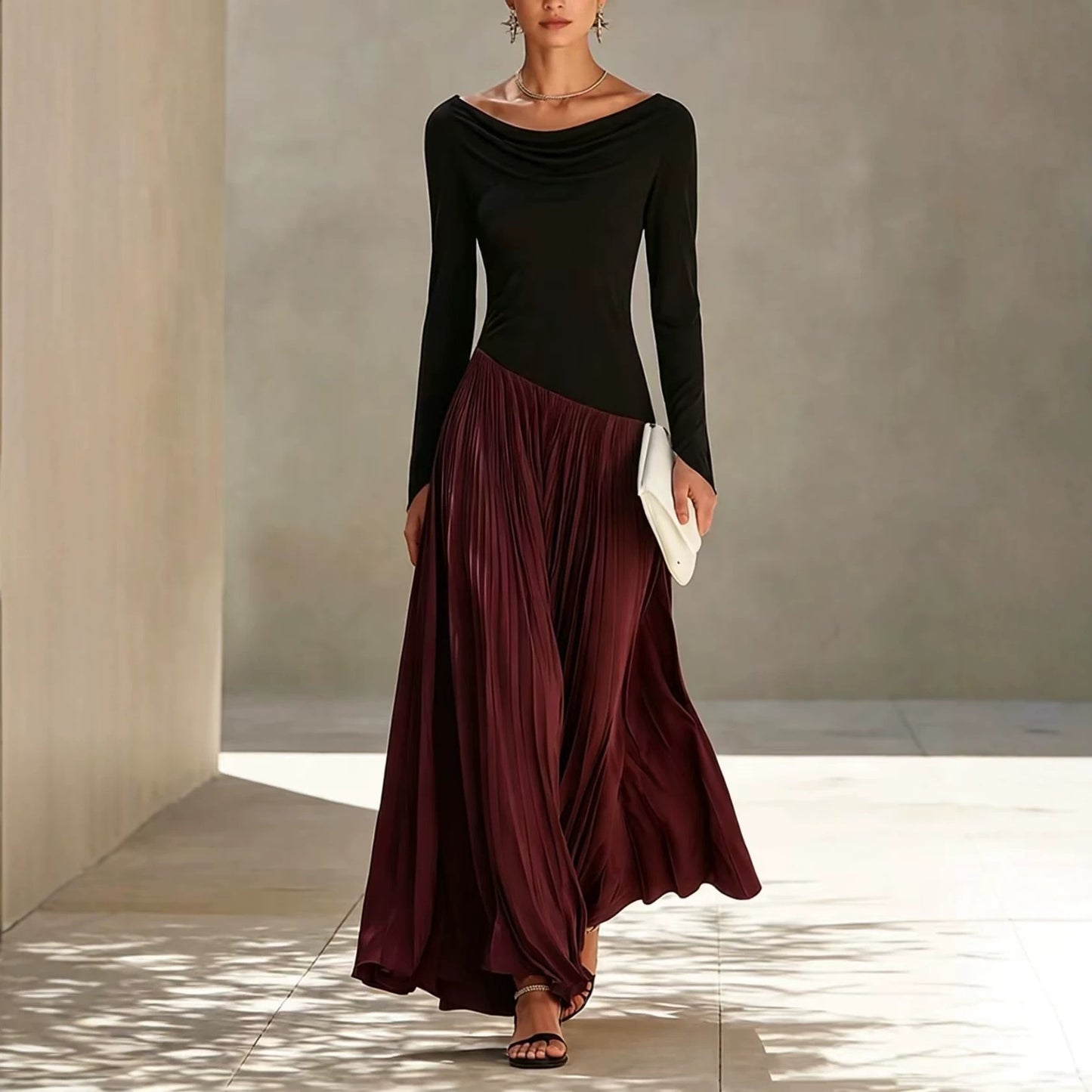 Cowl Neck Colorblock Long Sleeve Pleated Maxi Dress