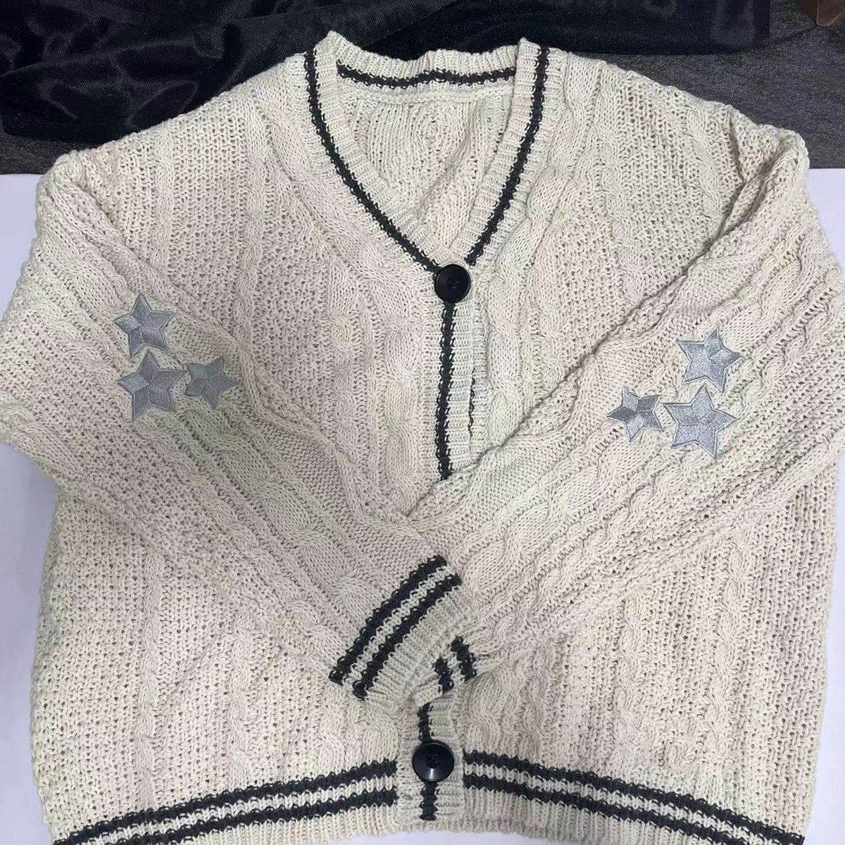Oversized Chunky Star Embroidered V-Neck Cardigan