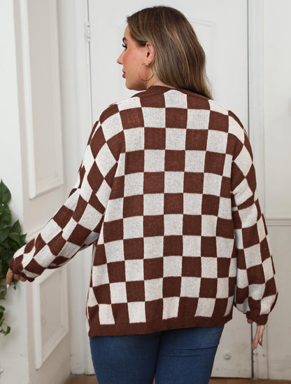 Women's Clothing Contrasting Color Splicing Checkerboard Loose Casual Cardigan Jacket