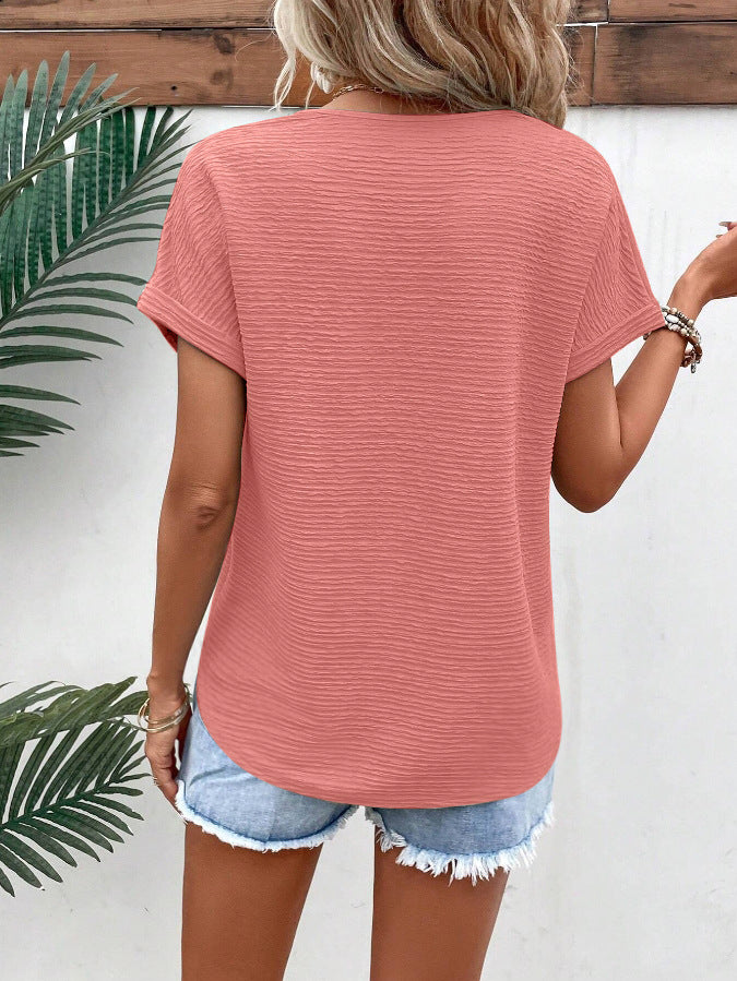 Textured V Neck Short Sleeve Top for Summer Women