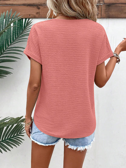 Textured V Neck Short Sleeve Top for Summer Women