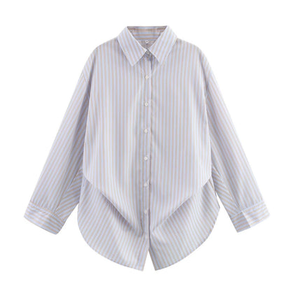 Oversized Striped Collared Shirt Long Sleeve Pocket