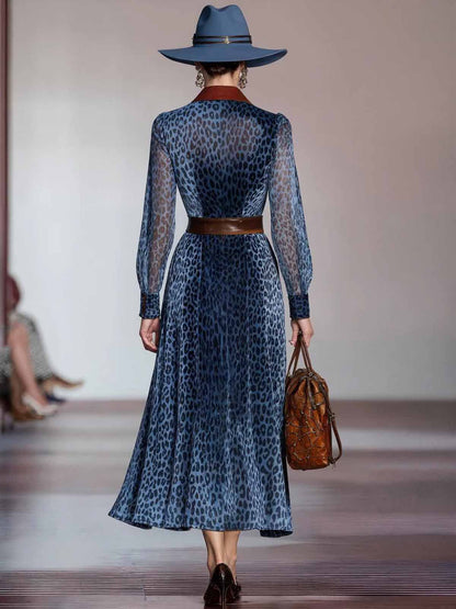 Blue Leopard Print Long Sleeve Shirt Midi Dress