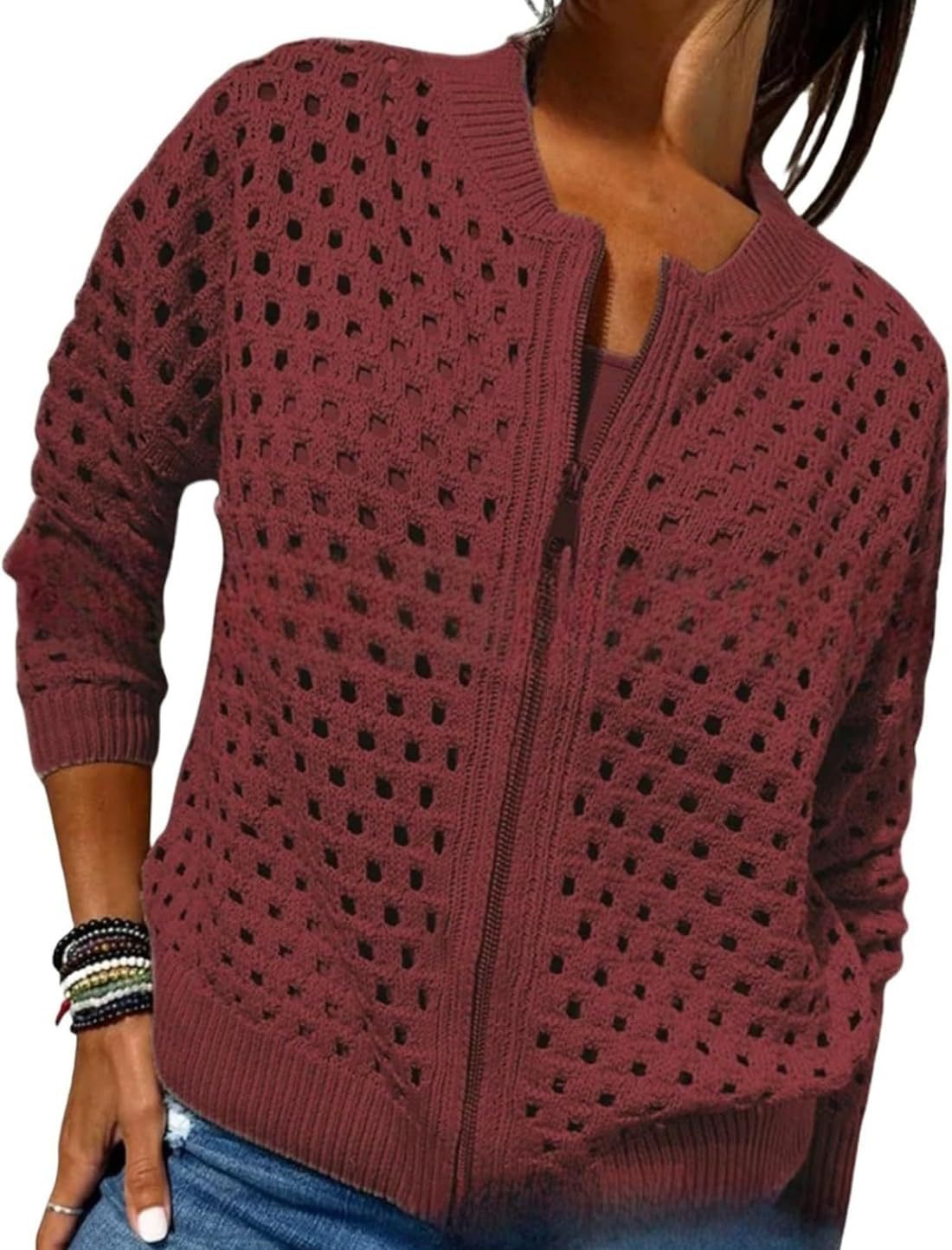 Women's Crochet Zip Up Cardigan Sweater