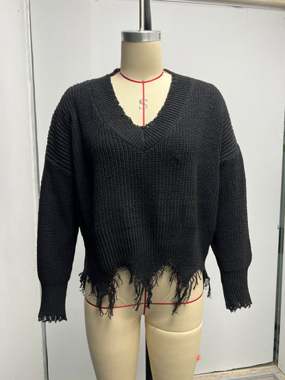 Women's Oversized V Neck Frayed Hem Knit Sweater