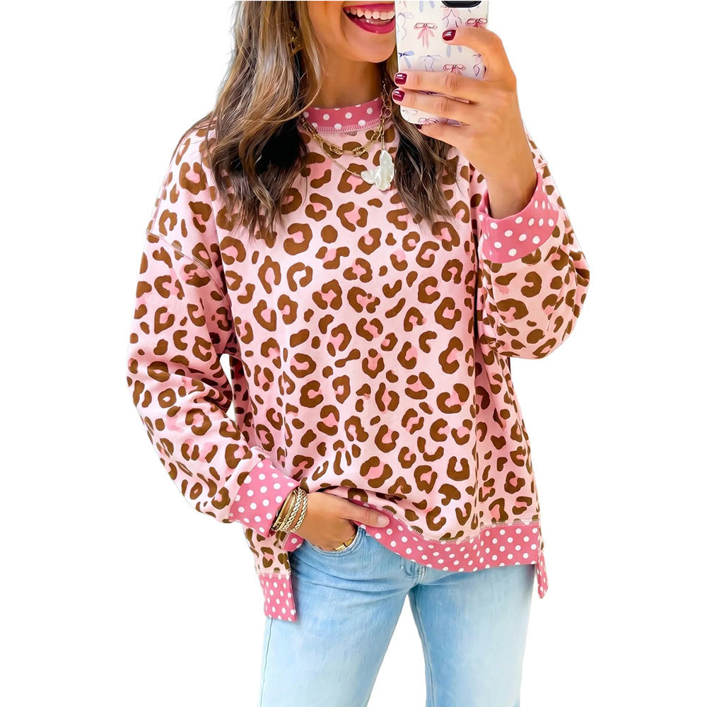 Women's Oversized Leopard Polka Dot Crewneck Sweatshirt