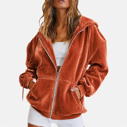 Velvet Zip Up Hoodie Relaxed Fit Hooded Jacket