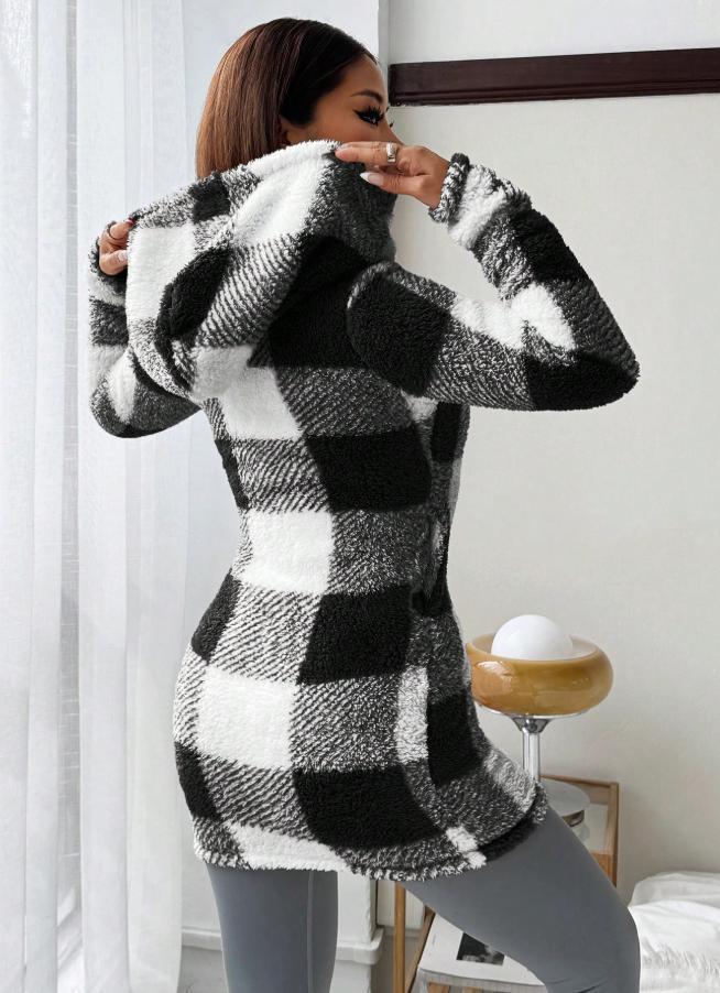 Women's Buffalo Plaid Sherpa Hooded Long Zip Jacket