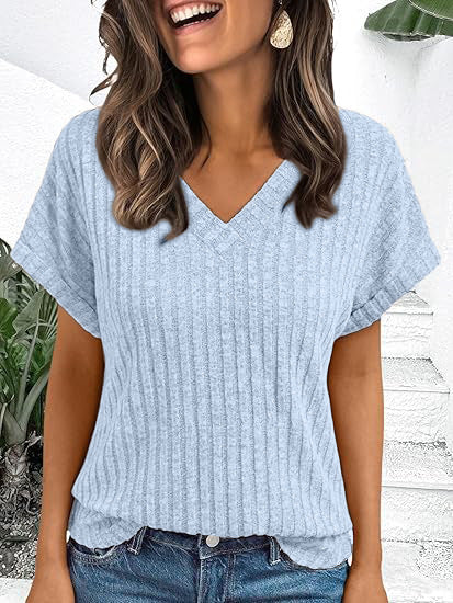Ribbed Knit V-Neck Top – Relaxed Fit Casual Summer Tee