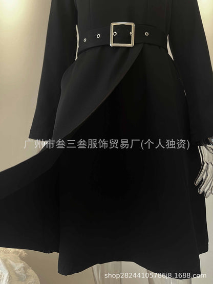 Women Mock Neck Long Sleeve Zip Front Belted A-Line Dress