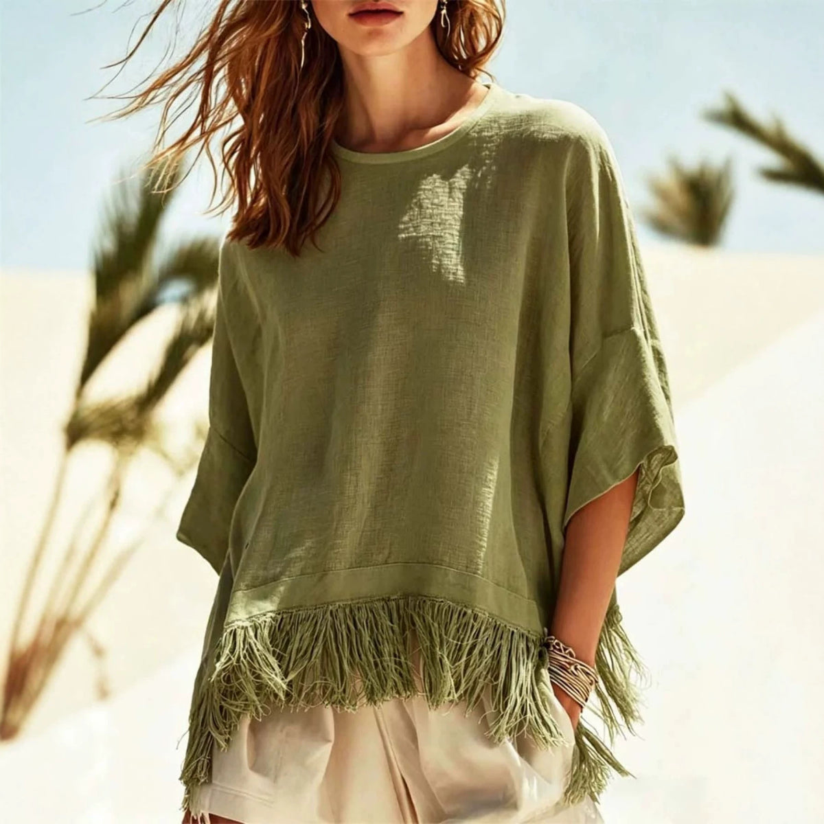 Women's Fringe Batwing Sleeve Oversized Casual Top