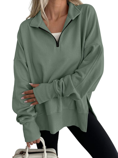 Women's Oversized Quarter Zip Sweatshirt Side Slit Pullover