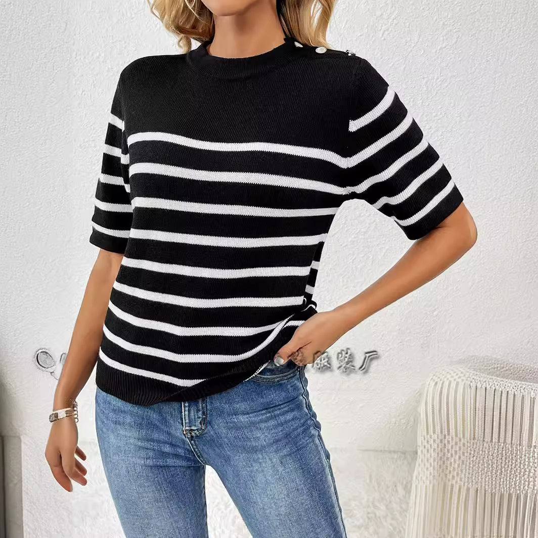 Striped Knit Sweater Tee Button Shoulder Casual Pullover