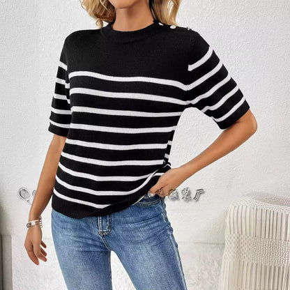 Striped Knit Sweater Tee Button Shoulder Casual Pullover