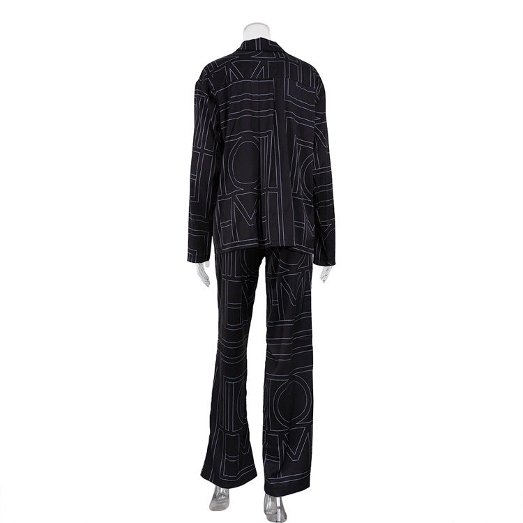 Women Satin Letter Print Lounge Set Button Shirt & Pants