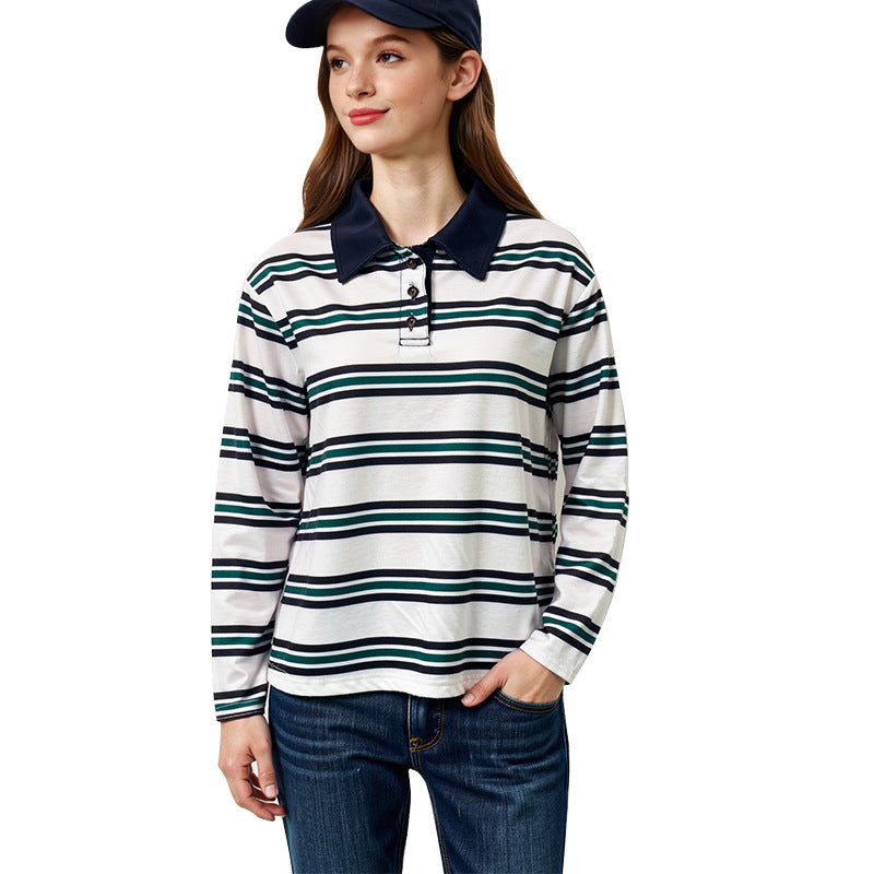 Women's Striped Polo Shirt Long Sleeve Button Collar Top