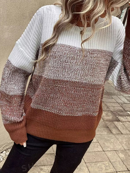 Womens Color Block Crew Neck Oversized Knit Sweater