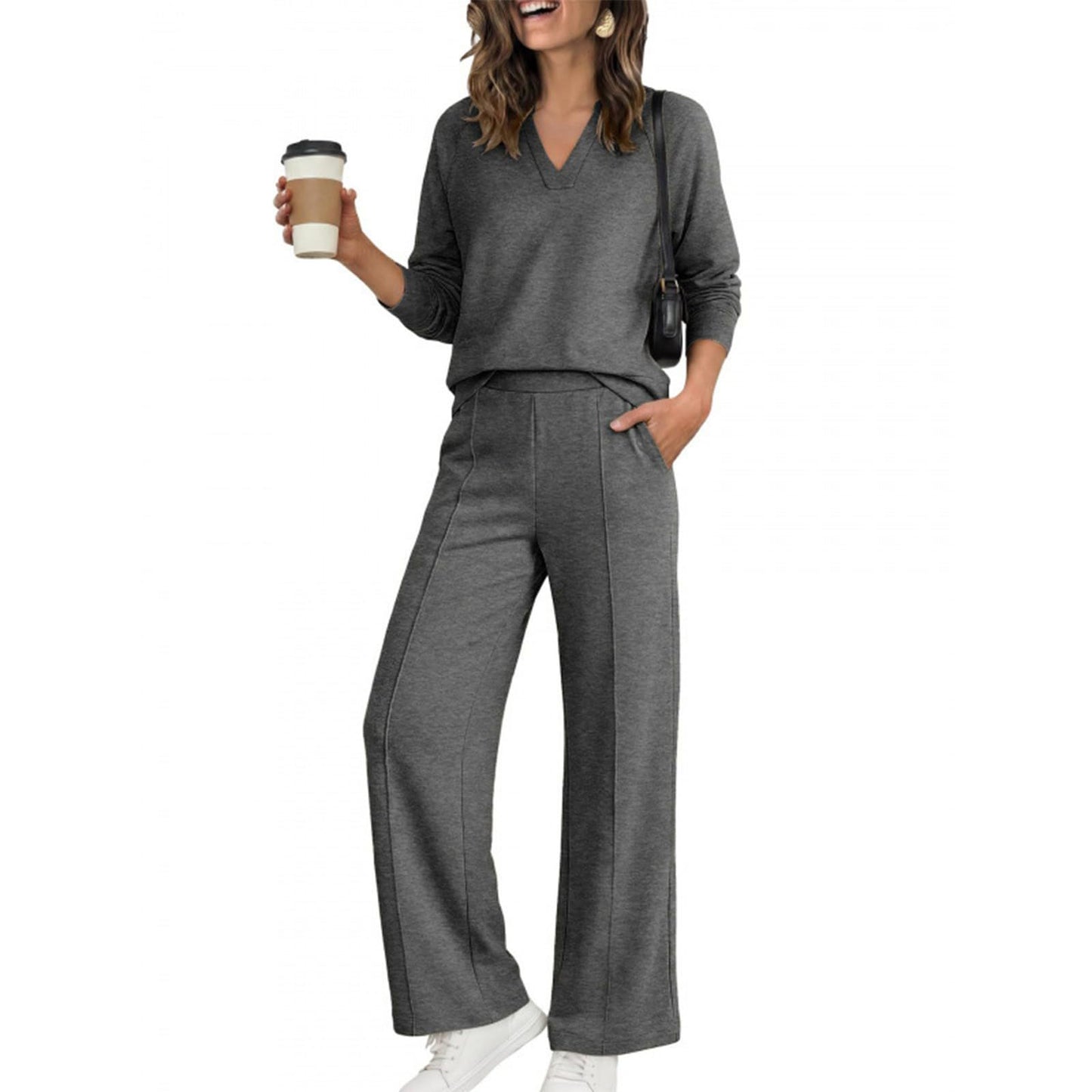 Women's V-Neck Top Wide Leg Pants 2 Piece Set