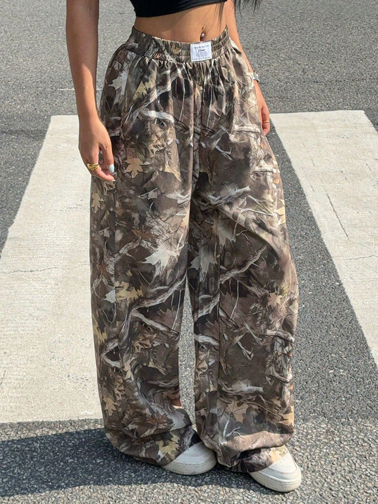 Tree Camo Wide Leg Pants High Waist Drawstring
