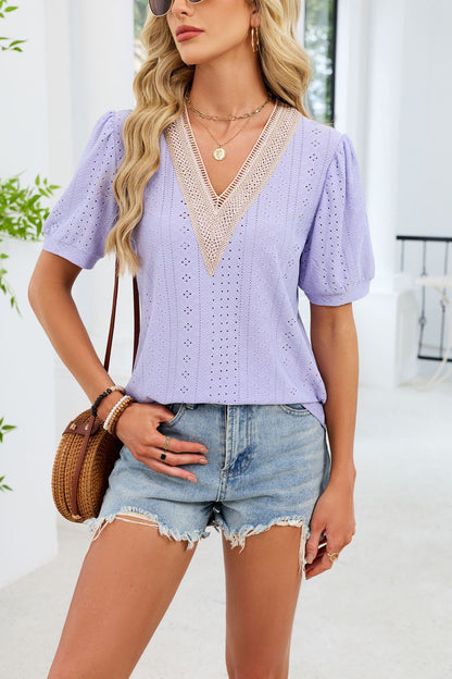 V Neck Lace Trim Puff Sleeve Blouse Casual Summer Top