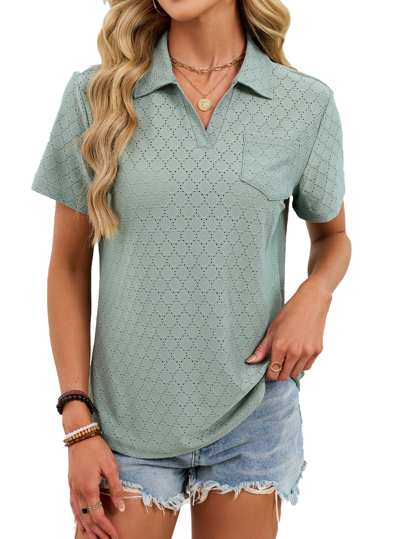 V Neck Polo Shirt Textured Knit Pocket Casual Top