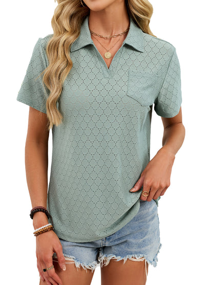 V Neck Polo Shirt Textured Knit Pocket Casual Top